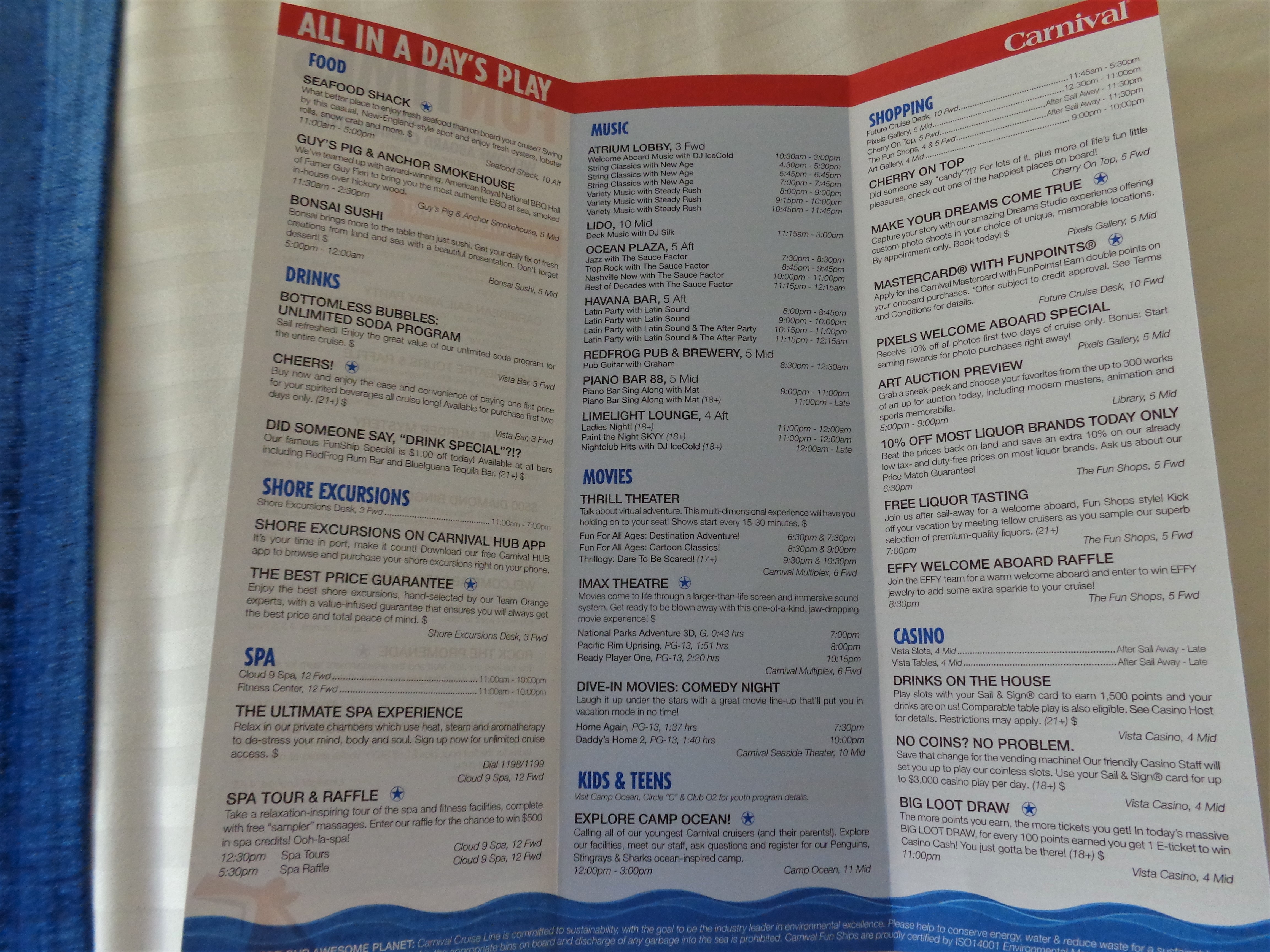 Carnival Vista Fun Times - List of daily activities on Carnival Cruises