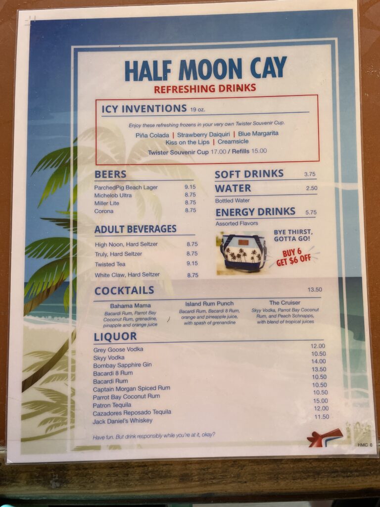 Half Moon Cay Pirate Ship Bar Menu